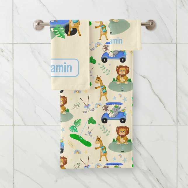 Golfing Jungle Animals Baby Personalise  Bath Towel Set (Creator Uploaded)