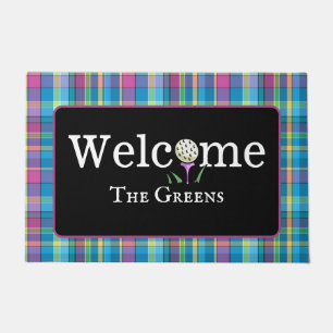 Golfing Purple Turquoise Plaid Welcome Entryway Doormat