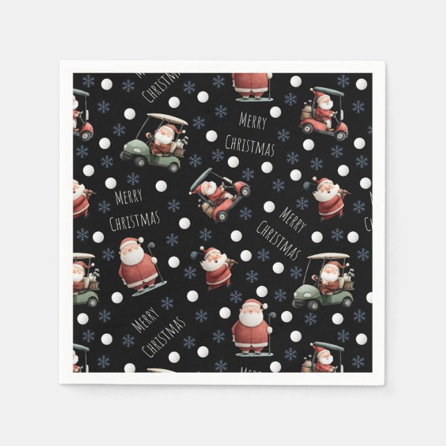 Golfing Santa on Black Napkin (Front)