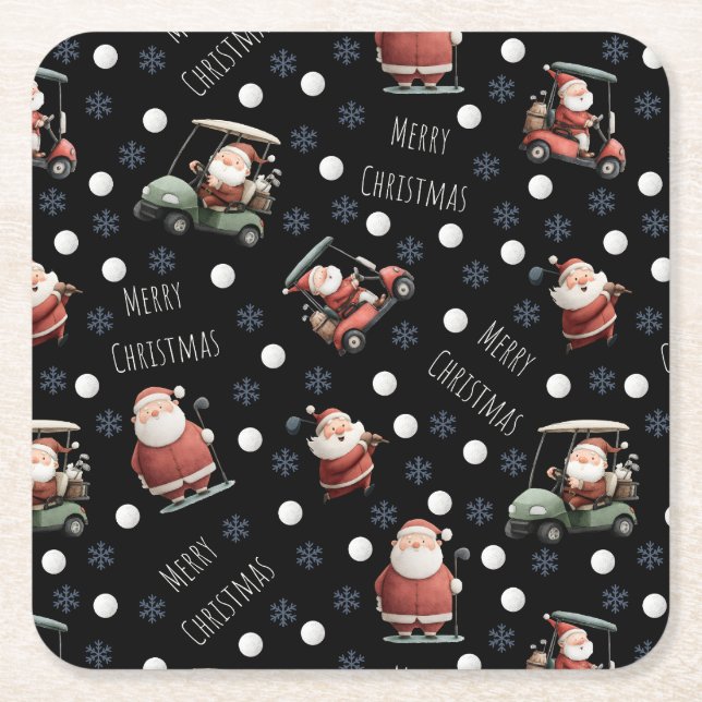Golfing Santa on Black Paper Coaster (Front)