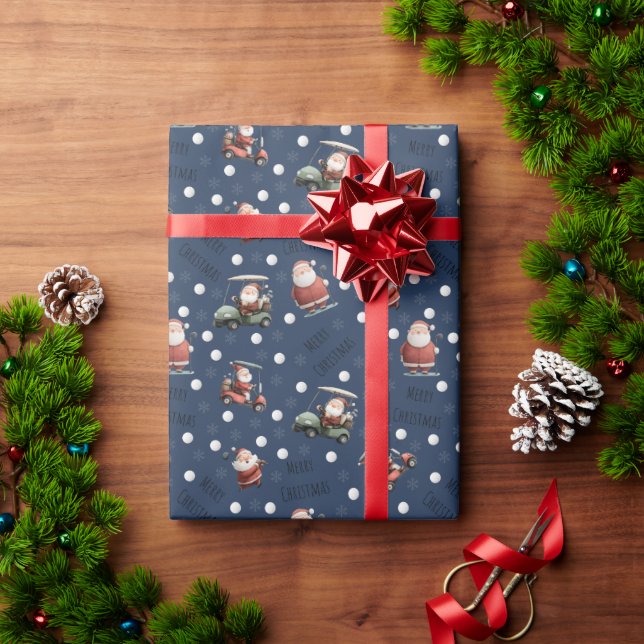 Golfing Santa on Dark Blue Wrapping Paper (Holiday Gift)