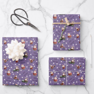 Golfing Santa on Purple Wrapping Paper Sheet