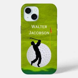 Golfing silhouette Golfer, Ball, Green personalize iPhone 15 Case