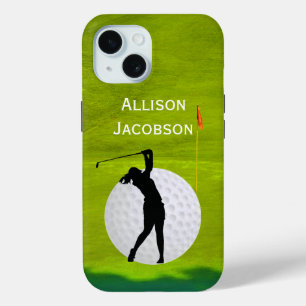 Golfing silhouette Golfer, Ball, Green personalize iPhone 15 Case