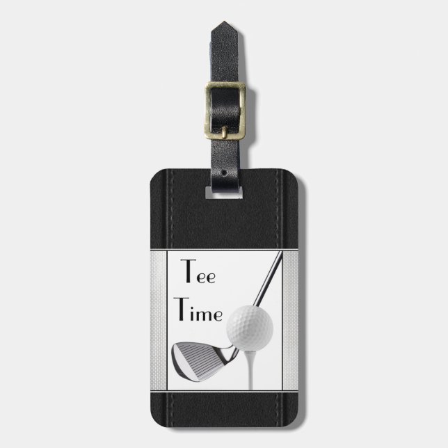 Golfing Tee Time Black Leather Image For Men Luggage Tag (Front Vertical)
