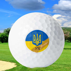 Golfing Ukraine & Monogram, Ukrainian Flag /golden Golf Balls