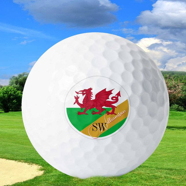 Golfing Wales & Monogram, Welsh Flag /golden Golf Balls (Creator Uploaded)