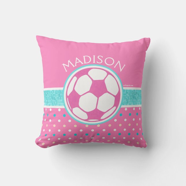 Golly Girls: Pink and Teal Soccer Ball Monogrammed Cushion (Front)