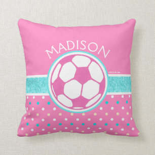 Golly Girls: Pink and Teal Soccer Ball Monogrammed Cushion