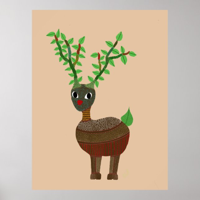 Gond Reindeer Indian Folk Art Digital  Poster (Front)