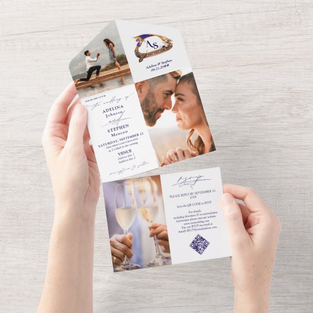 Gondola Monogram Crest 3 Photo QR Code Blu Wedding All In One Invitation (Tearaway)