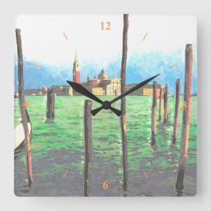 Gondola Moorings in Venice Square Wall Clock
