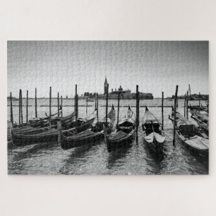 Gondolas in Venice in black and white Jigsaw Puzzle