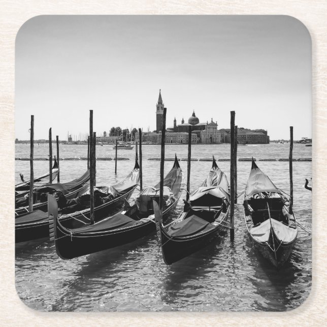 Gondolas in Venice in black and white Square Paper Coaster (Front)
