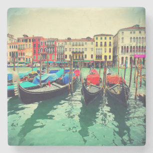 Gondolas On Grand Canal, Venice, Italy. Retro Stone Coaster