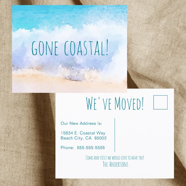 Gone Coastal New Home Wave On Beach Watercolor Announcement Postcard (Creator Uploaded)