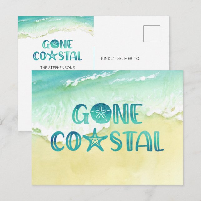 Gone Coastal Watercolor Beach Wave Moving Announce Announcement Postcard (Front/Back)