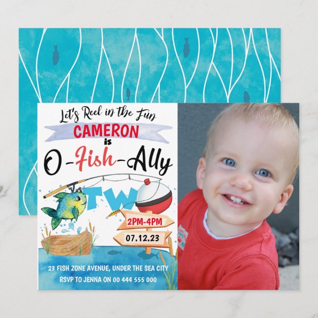 Gone Fishing 2nd Birthday Photo O-Fish-Ally 2 Invitation (Front/Back)