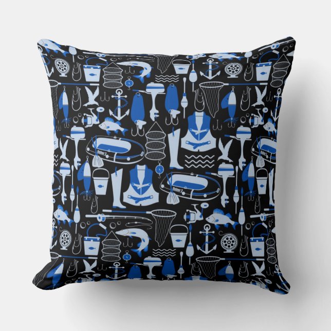 Gone Fishing Blue Pattern Cushion (Front)