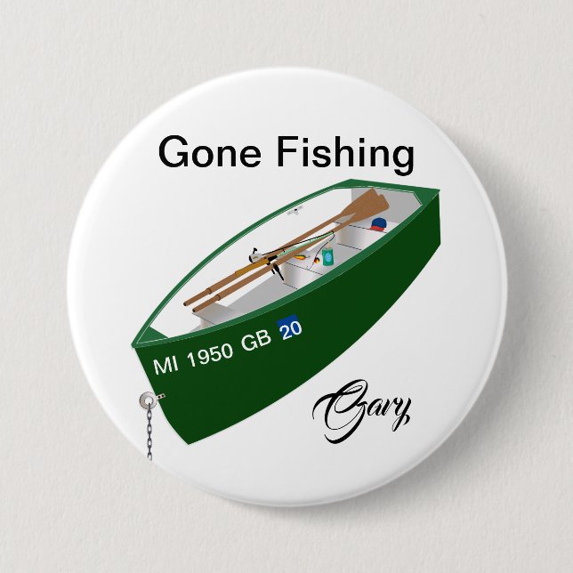 Gone Fishing Fisherman Fishing Camp Button Pin. (Front)