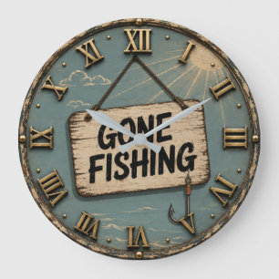 Gone Fishing Funny Fisherman Cabin Gift Large Clock