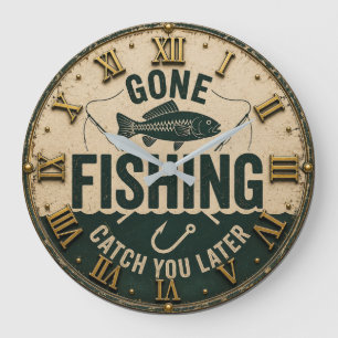Gone Fishing Funny Fisherman Cabin & Lake House Large Clock