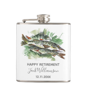 Gone Fishing Happy Retirement  Watercolor Pike Hip Flask