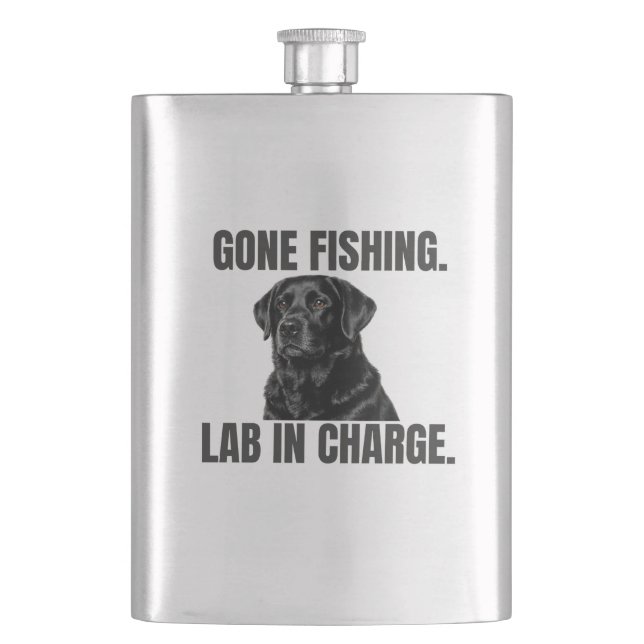 Gone Fishing. Lab in Charge. Black Lab Stainless Hip Flask (Front)