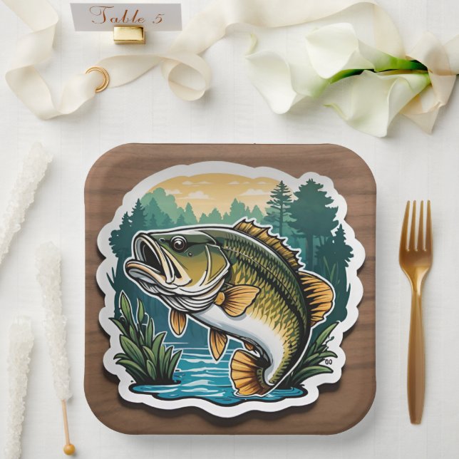 Gone Fishing Large Mouth Bass Fish on Wood Paper Plate (Wedding)