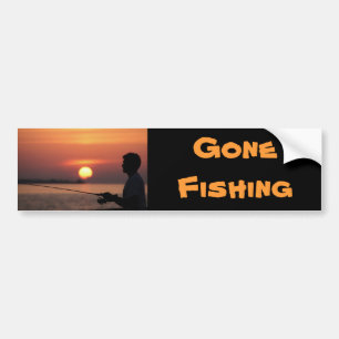 Gone Fishing, man fishing in sunset bumper sticker