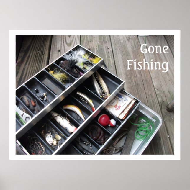 "Gone Fishing" Open Tackle Box on Dock Poster (Front)