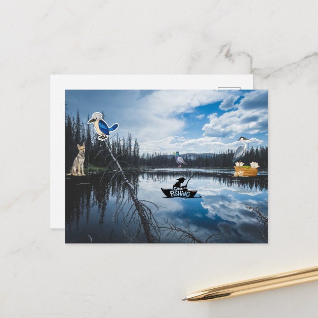 Gone Fishing  Postcard (A serene lake surrounded by burnt trees under a dramatic sky. )