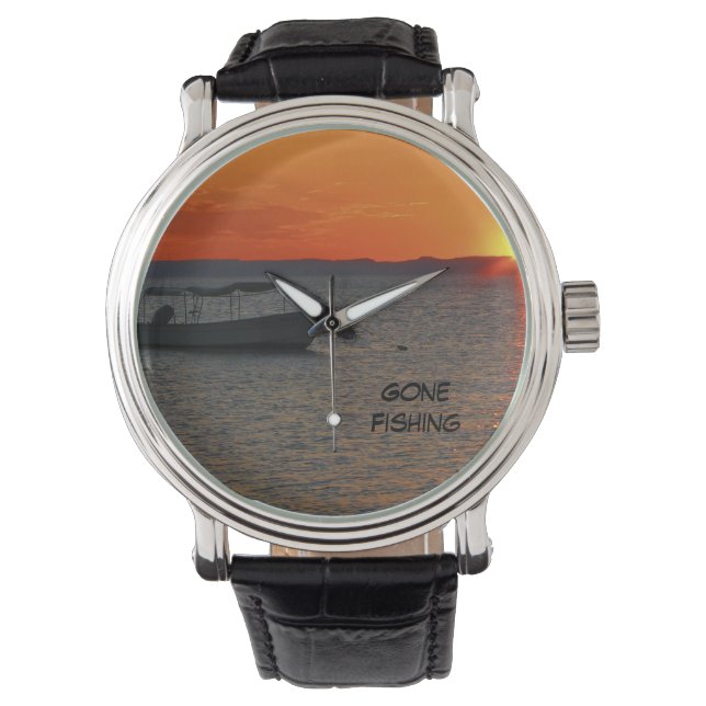 Gone Fishing Wrist Watch, Black Leather Strap Watch (Front)