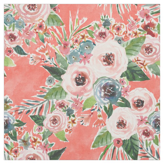 GONE FLORAL Coral Rose Print Fabric (Swatch)