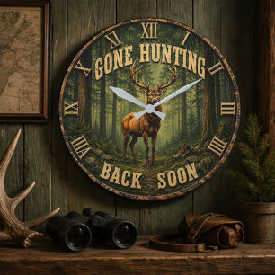 Gone Hunting Back Soon Rustic Hunter Cabin Large Clock