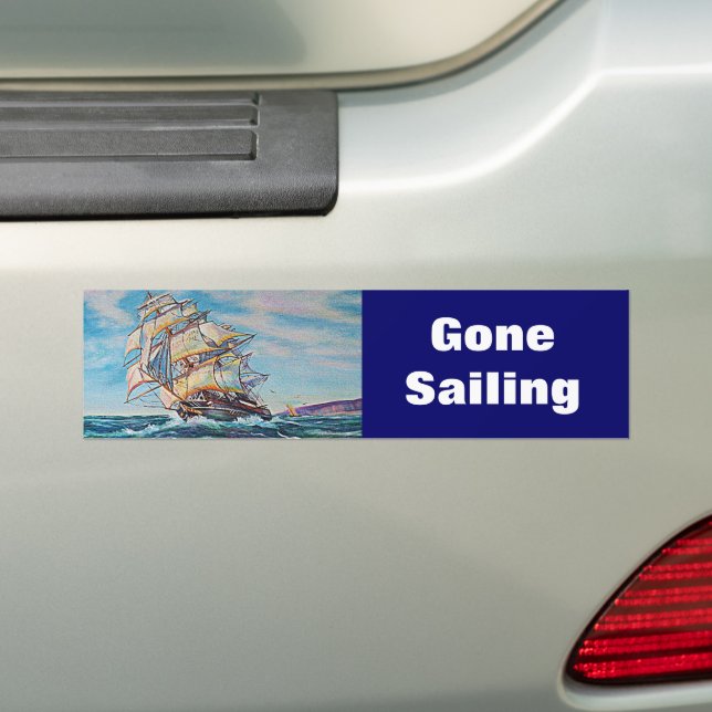 Gone Sailing Sailboat on Rough Waters Oil Painting Bumper Sticker (On Car)