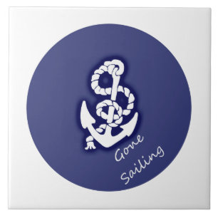 Gone Sailing White Anchor on Nautical Blue Ceramic Tile