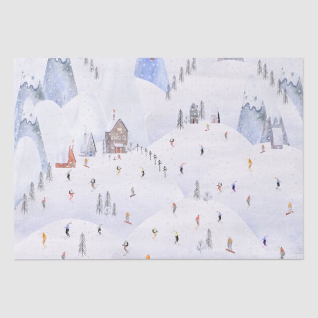 Gone Skiing For Christmas Snowy Mountain Skiers Tissue Paper (Front)