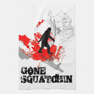 Gone Squatchin, black bigfoot Tea Towel