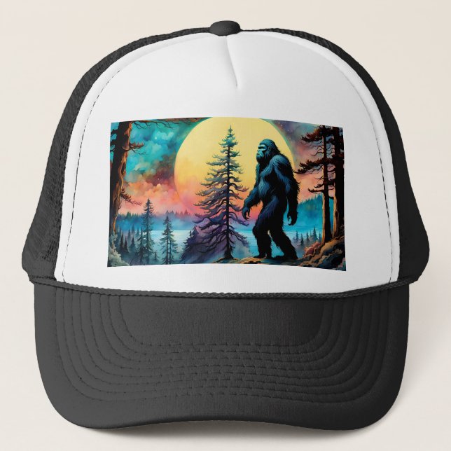 Gone Squatchin' Colourful Sasquatch Full Moon Trucker Hat (Front)
