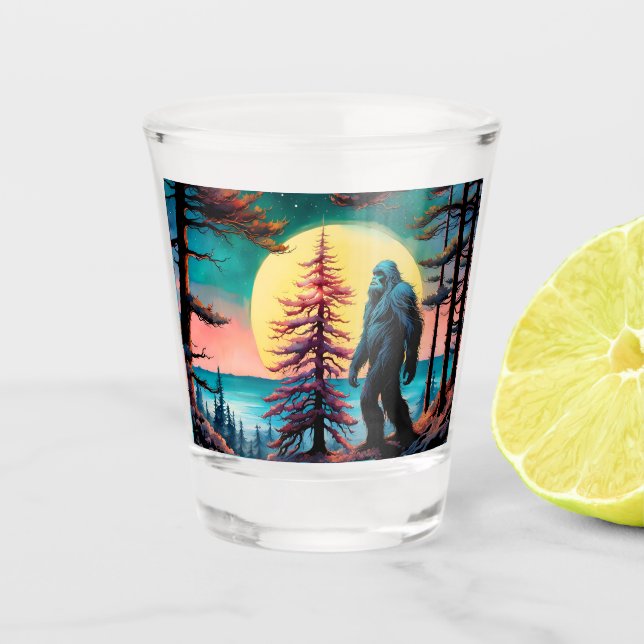 Gone Squatchin' Colourful Sasquatch Landscape Shot Glass (Front)