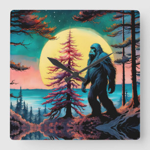 Gone Squatchin' Colourful Sasquatch Landscape Square Wall Clock