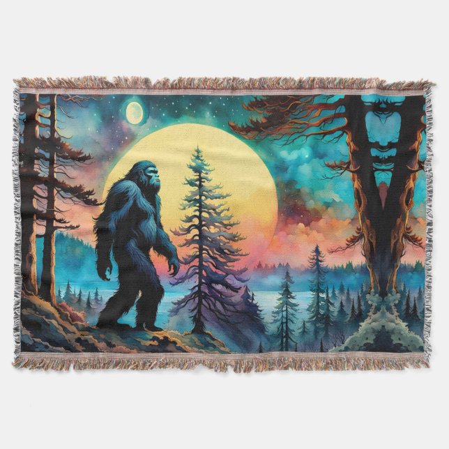 Gone Squatchin' Colourful Sasquatch Landscape Throw Blanket (Front)