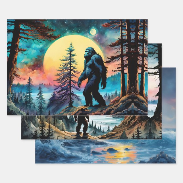 Gone Squatchin' Colourful Sasquatch Landscape Wrapping Paper Sheet (Set)
