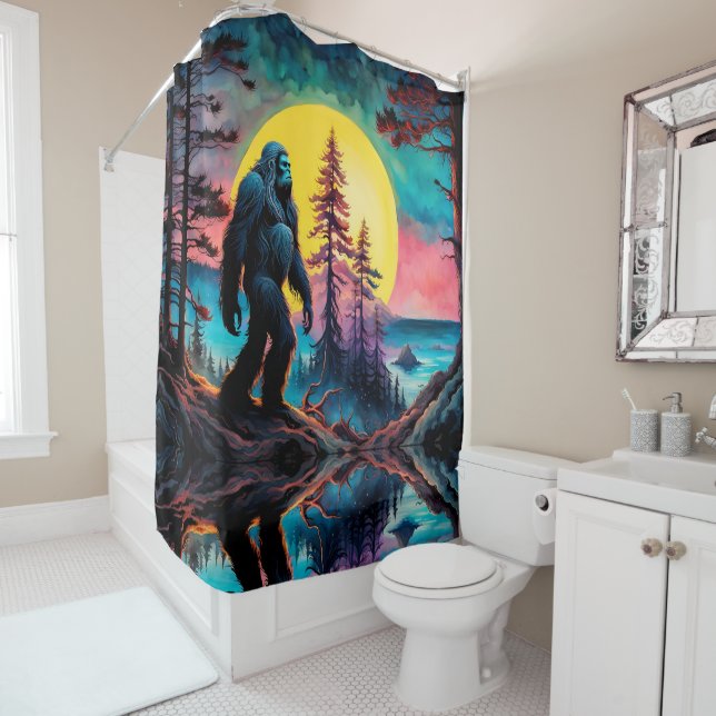 Gone Squatchin' Colourful Sasquatch Night Landscap Shower Curtain (In Situ)