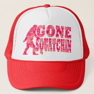 Gone squatchin red text slogan trucker hat