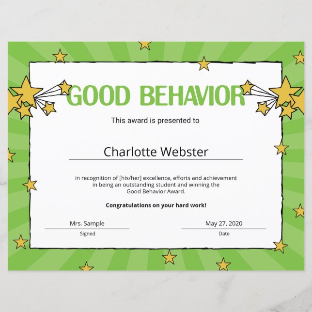 Good Behaviour Student Recognition Certificates (Front)