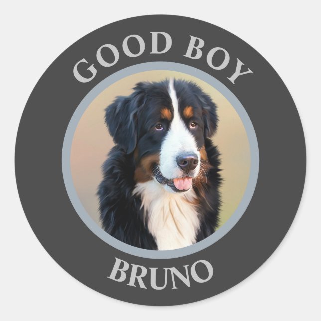 Good boy dog photo text polka dots grey modern classic round sticker (Front)