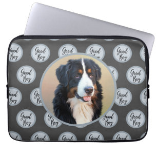 Good boy dog photo text polka dots grey modern laptop sleeve