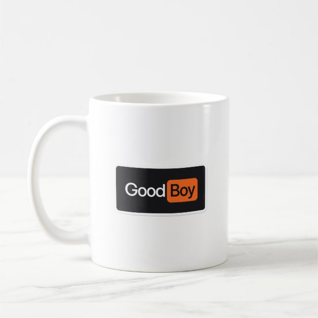 Good Boy Funny Orange and Black Meme Coffee Mug (Left)